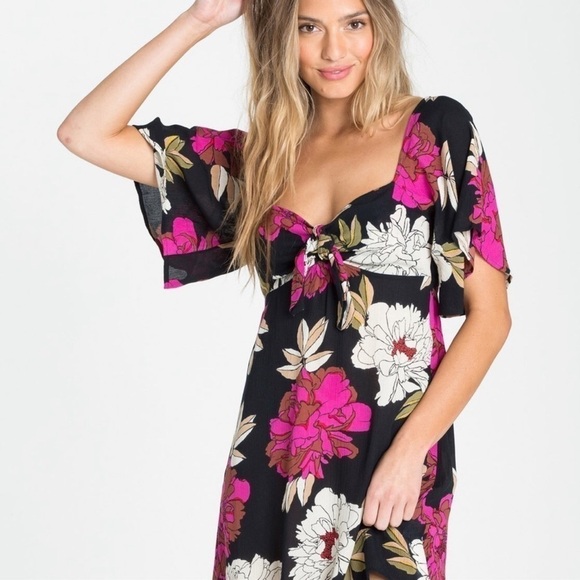 🌺Billabong,Striking Floral Mini Dress, Lovely Front Tie/Forms Neckline,Size S - Picture 1 of 13